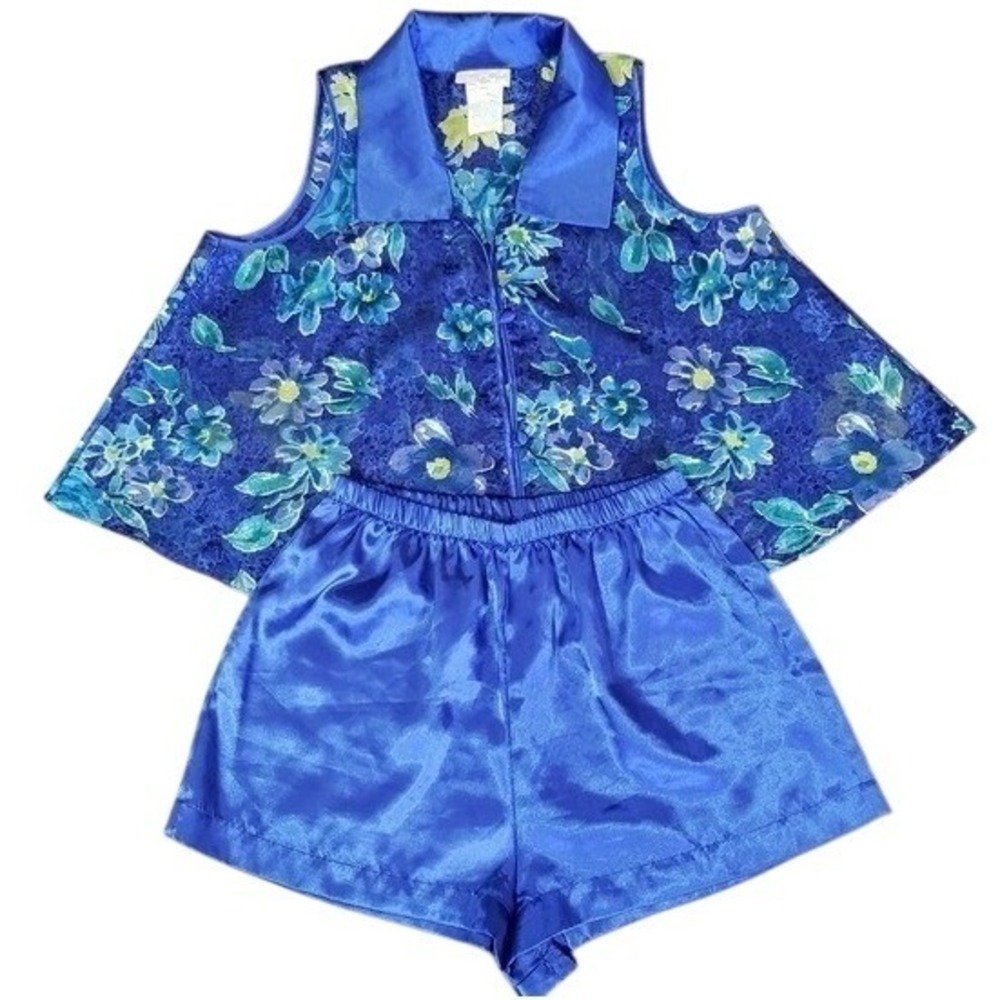 Vintage Inner Most Blue Floral Satin Pajama Set Top Shorts Women's Small